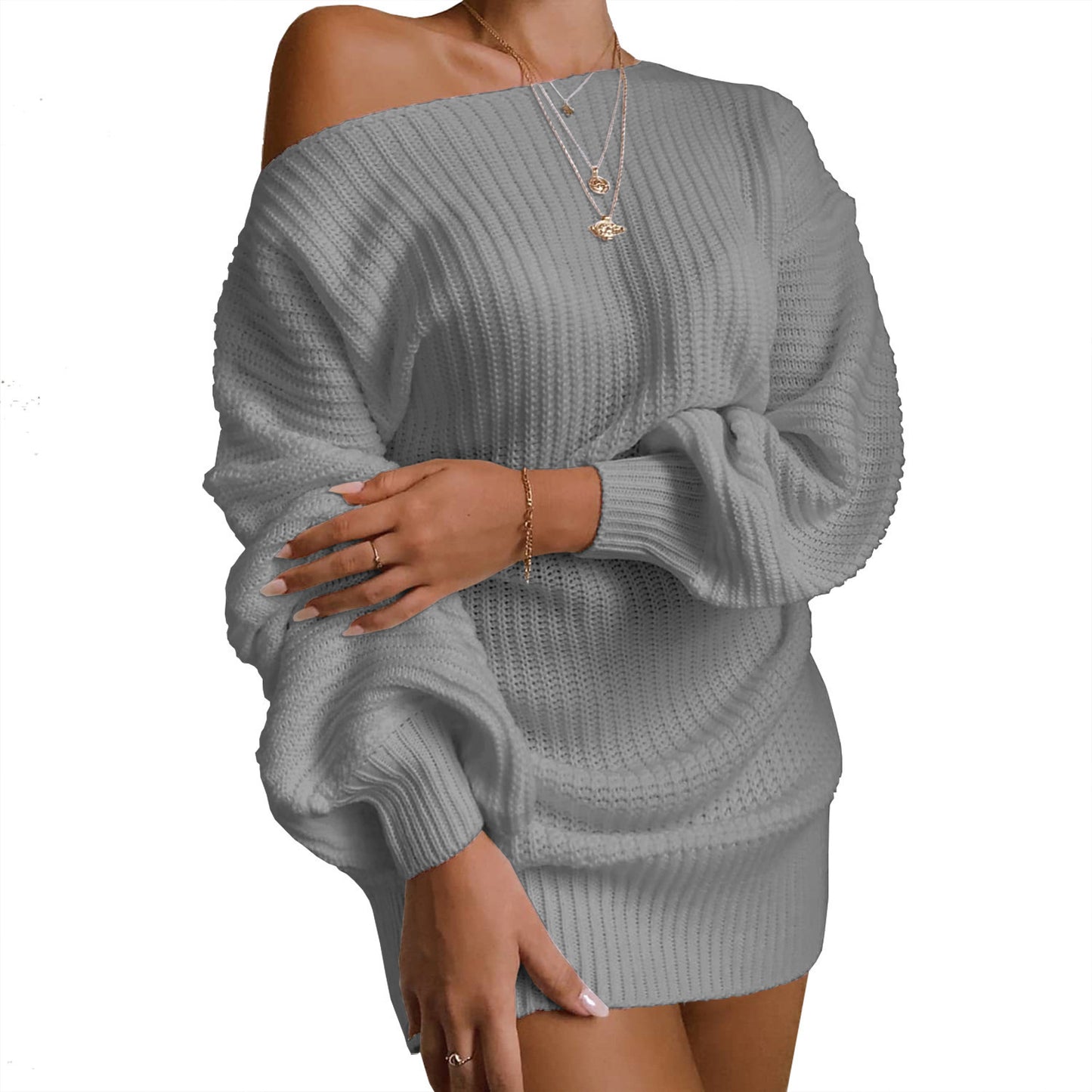 Creative Casual Lantern Sleeve Knitted Dress Sweater