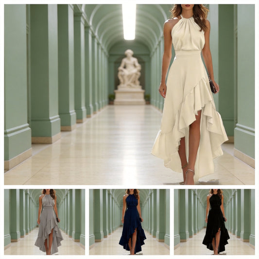 Women's Summer Sleeveless Halter Irregular Ruffled Apricot Dress