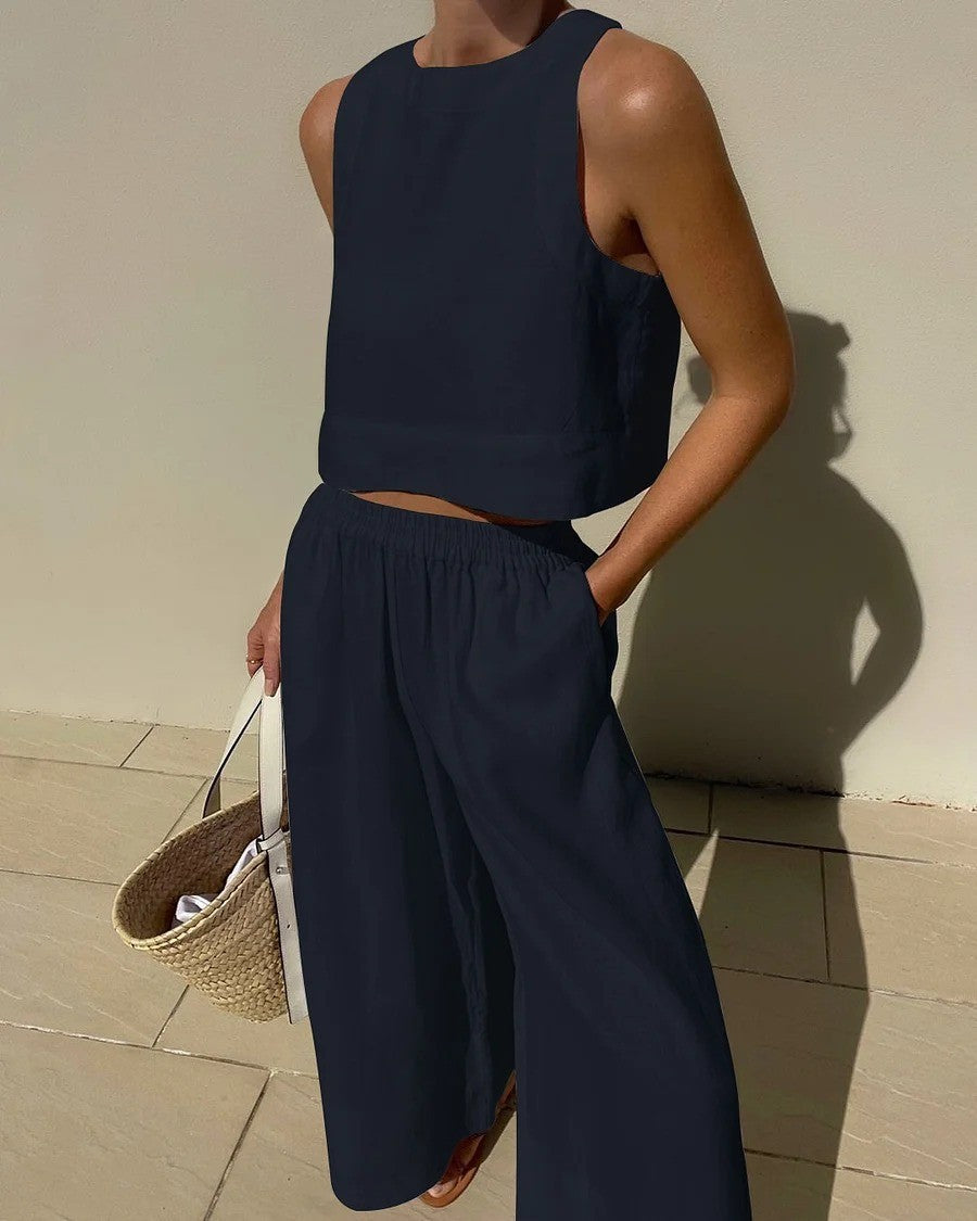 Loose Solid Color Sleeveless Shirt Trousers Fashion Casual Suit