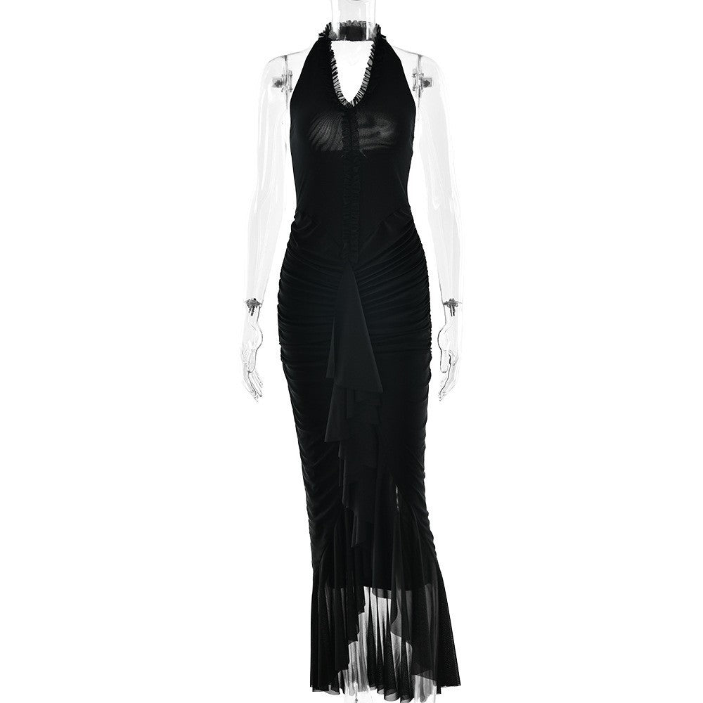 Sexy Solid Color Irregular Halter Pleated Dresses