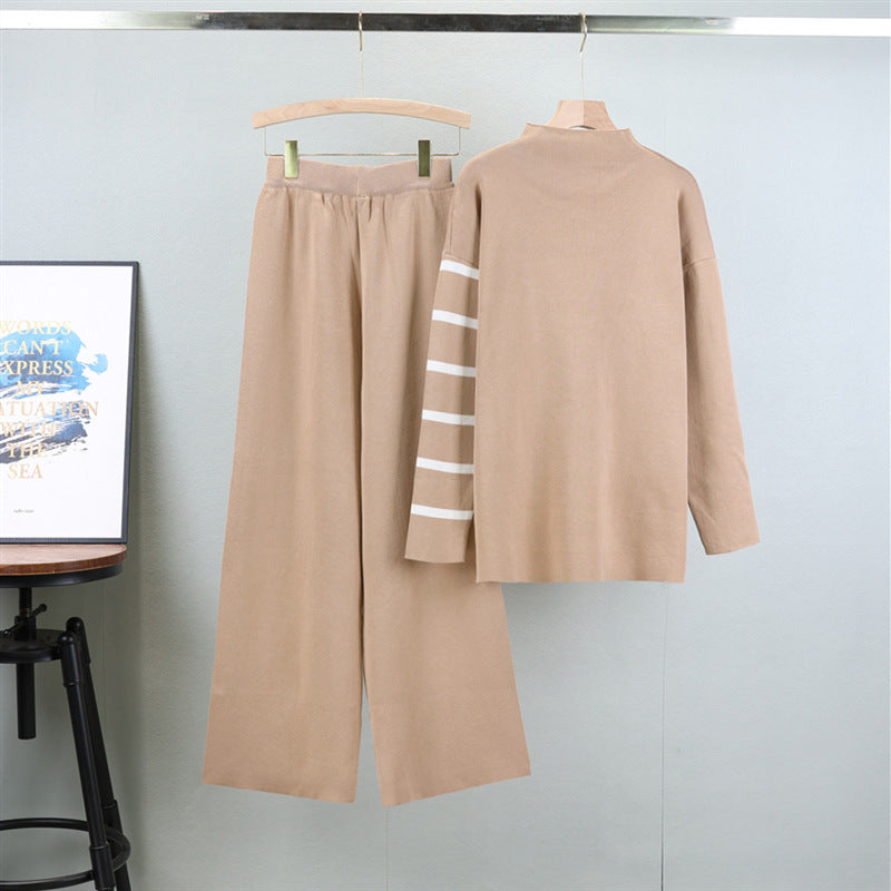 Women's Long Sleeve Striped Knitting Loose Mock Neck Suits
