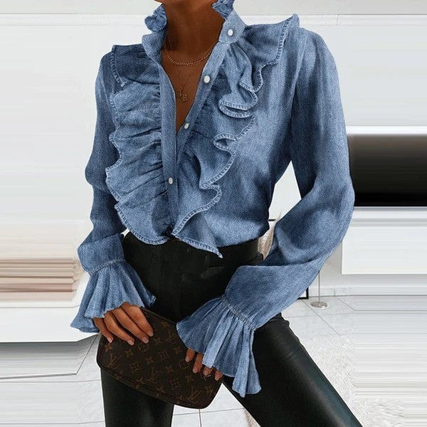 Women's Summer Ruffled Flared Sleeve Pleated Long Blouses