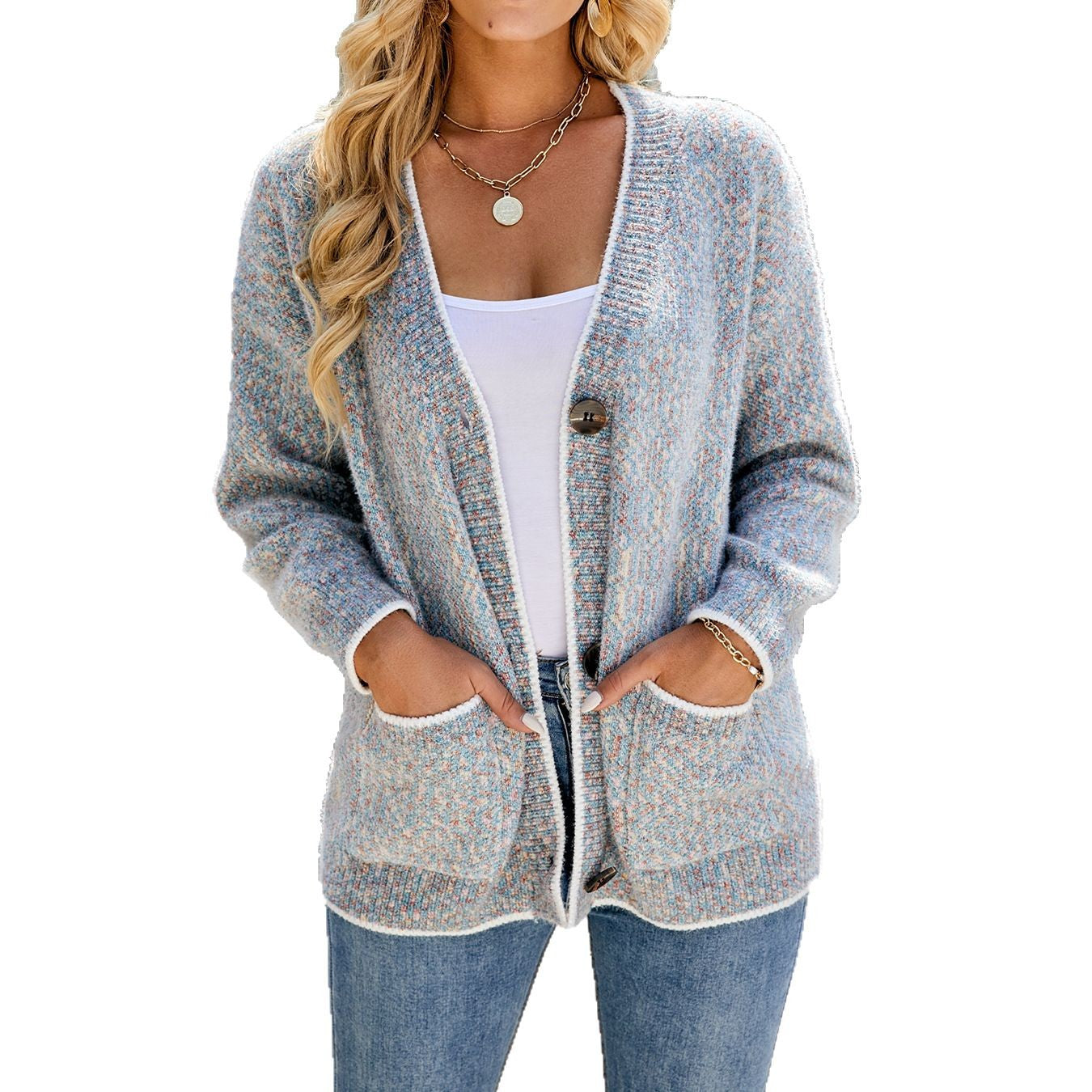Comfortable Women's Contrast Color Button Pocket Sweaters