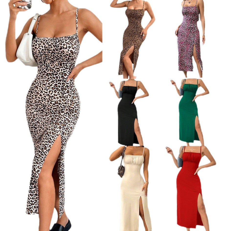 Autumn Spaghetti Straps Chest Wrap High Slit Leopard Print Dress