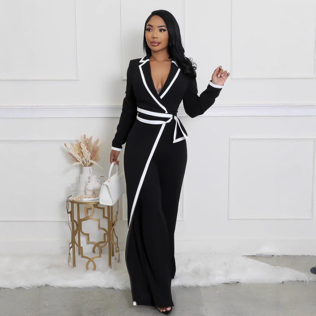 Women's Fashion Wear Belt Design Patchwork Long Jumpsuits