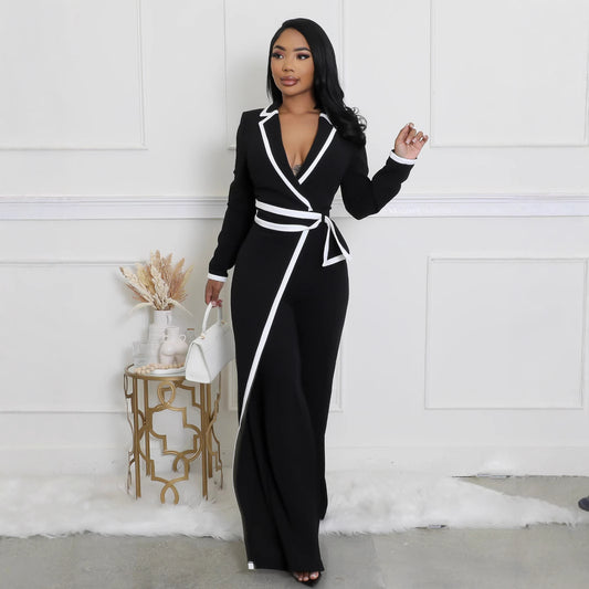 Women's Fashion Wear Belt Design Patchwork Long Jumpsuits