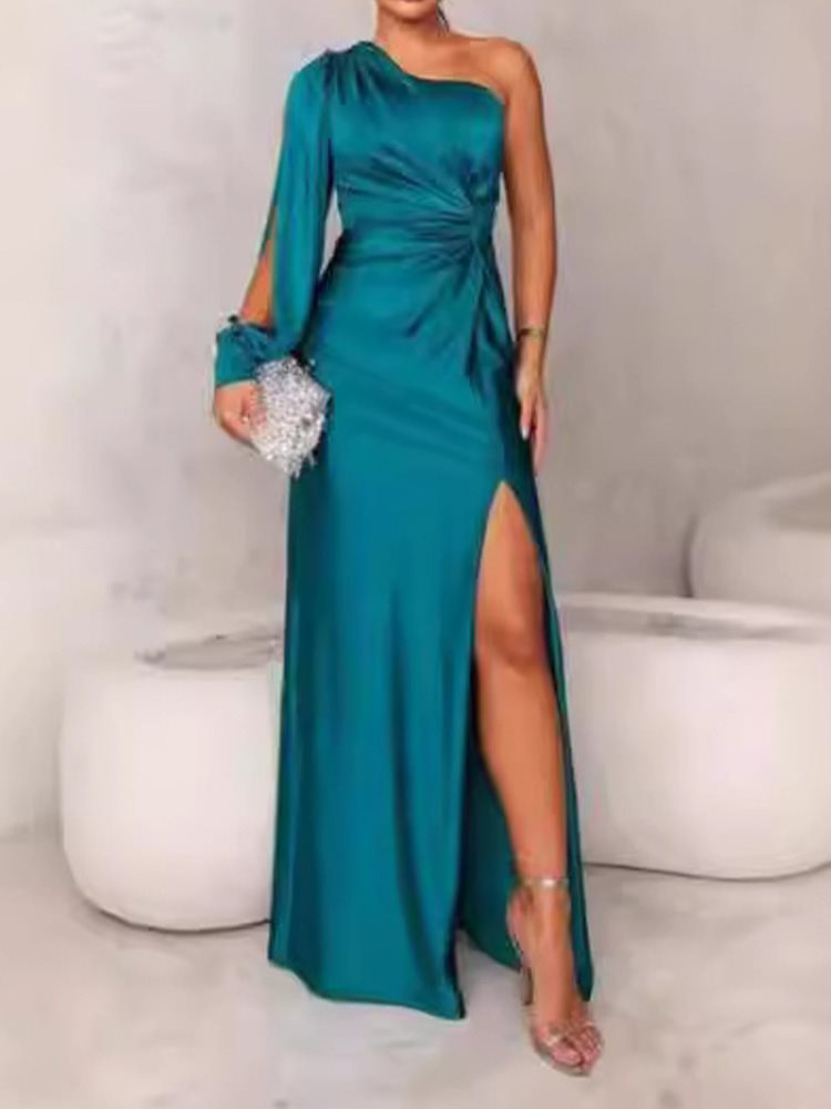 Women's Summer Diagonal Collar Raglan Sleeve Pleated Waist Tight Dresses