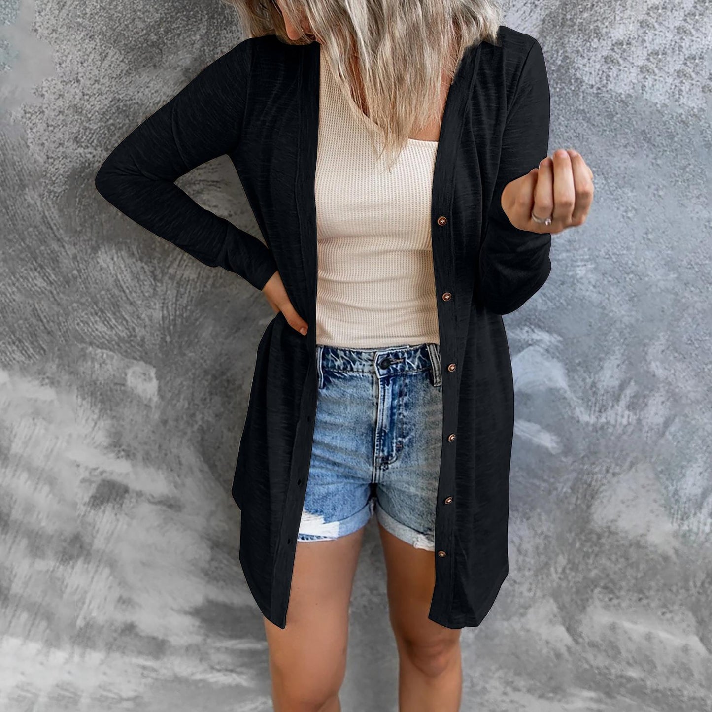 Women's Long Button Solid Color Casual Sleeves Cardigans