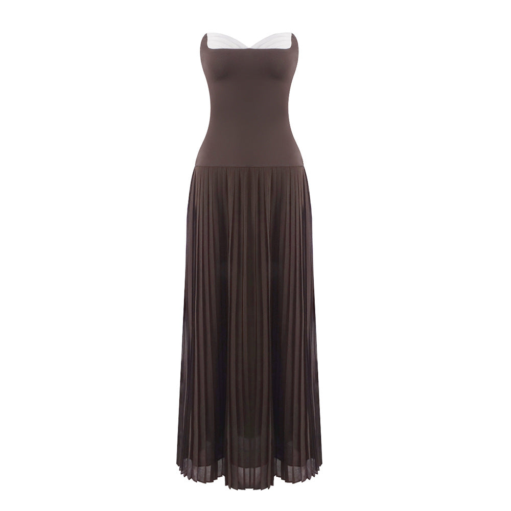 Women's French Ruffled White Coffee Color Matching Dresses