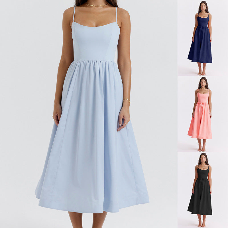 Women's Color Sexy Backless Spaghetti Straps Large Dress