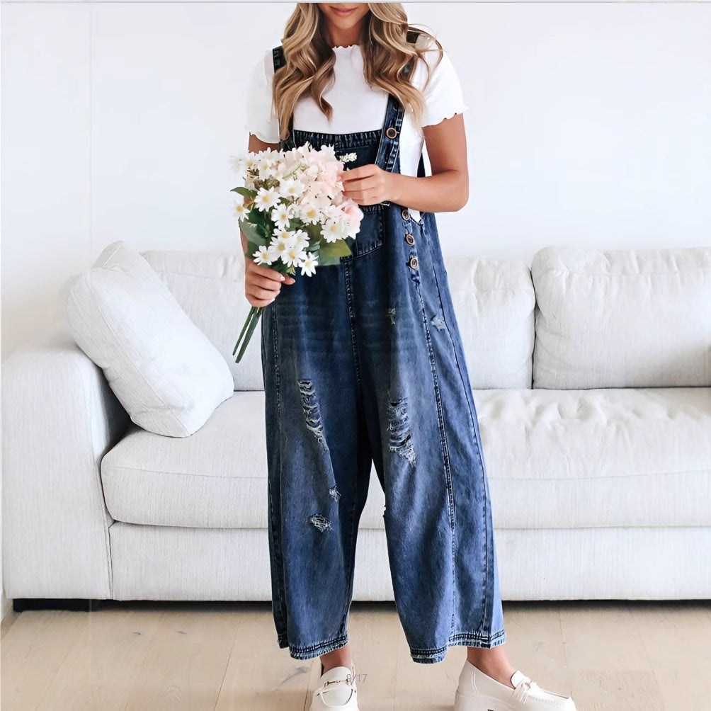 Women's Fashionable Loose Hole Casual Denim Suspender Jumpsuits