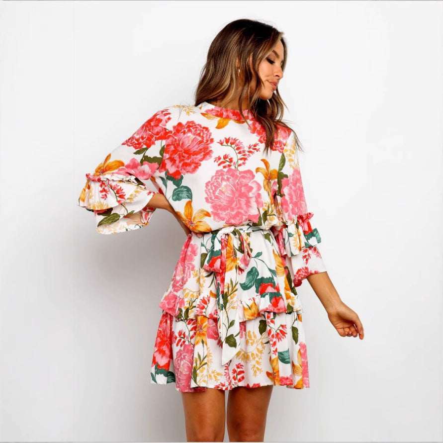 Fashion Print Round Neck Long Sleeve Dresses