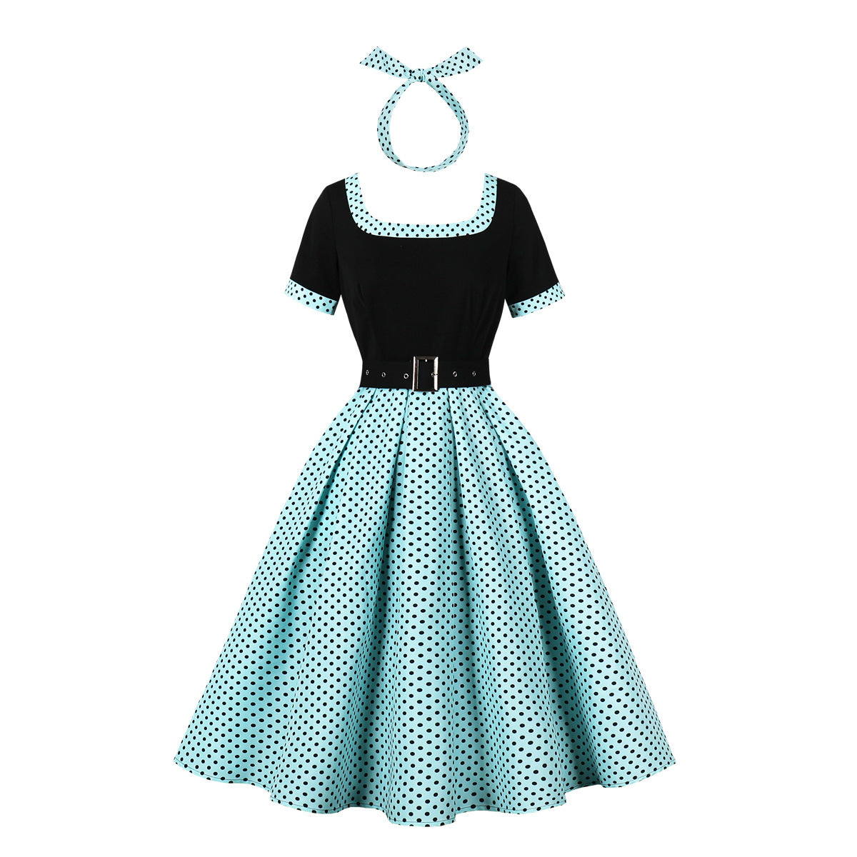 Women's Dots Stitching Square Collar High Big Dresses