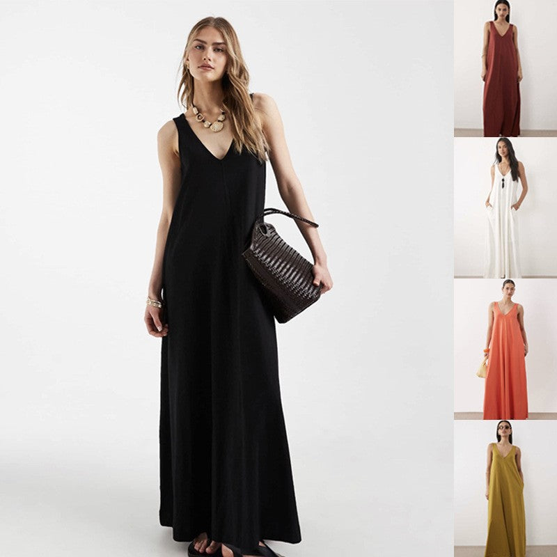 Women's Solid Color Sleeveless Long Jumper Loose Idle Style Dress