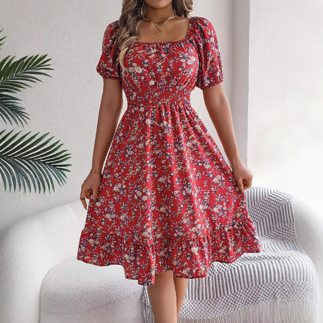 Women's Floral Square Collar Sleeve Ruffled A- Dresses