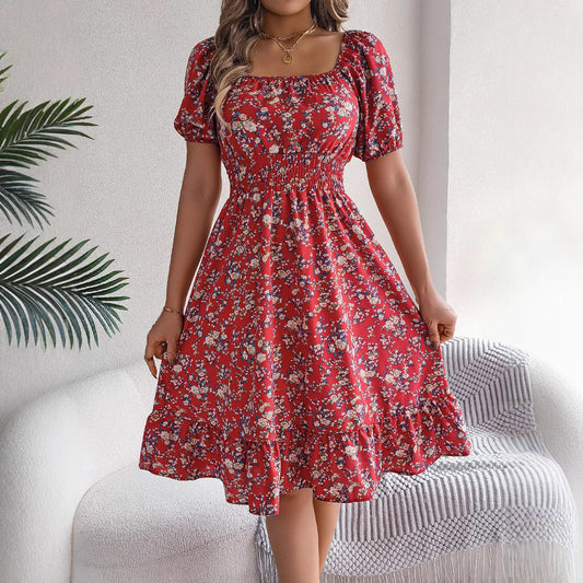 Women's Floral Square Collar Sleeve Ruffled A- Dresses