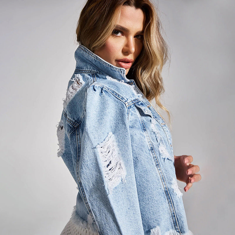 Women's Autumn Button Water Washed Hole Raw Edge Jackets