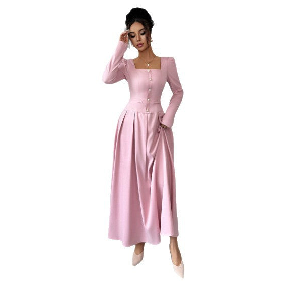 Women's Autumn Waist Slimming Elegant High-grade French Single-breasted Square Collar Dress