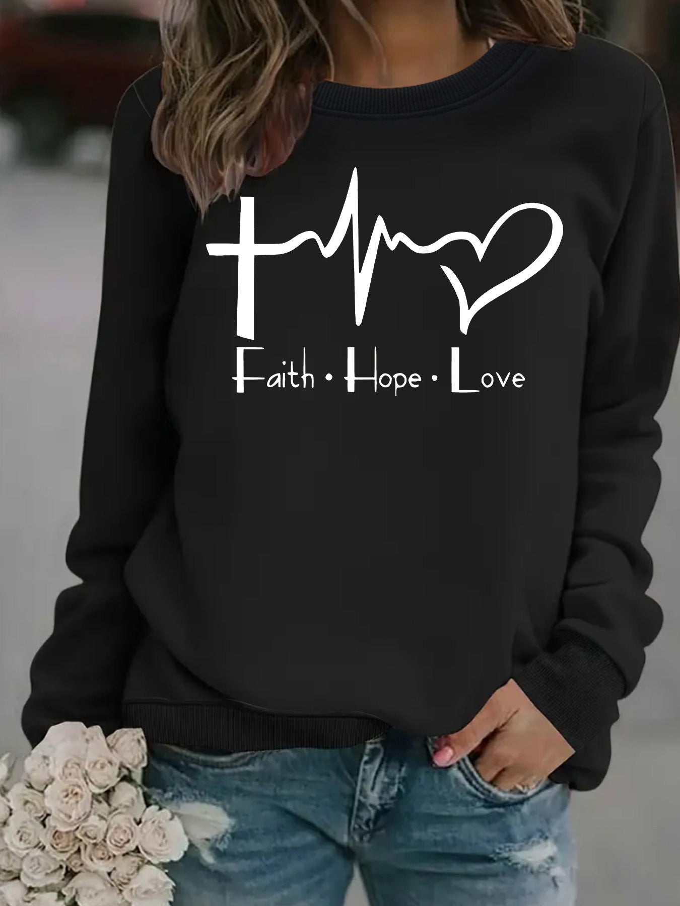 Women's Loose Casual Faith Hope Love Jump Printed Wear Round Neck Women's Sweater, Sweater
