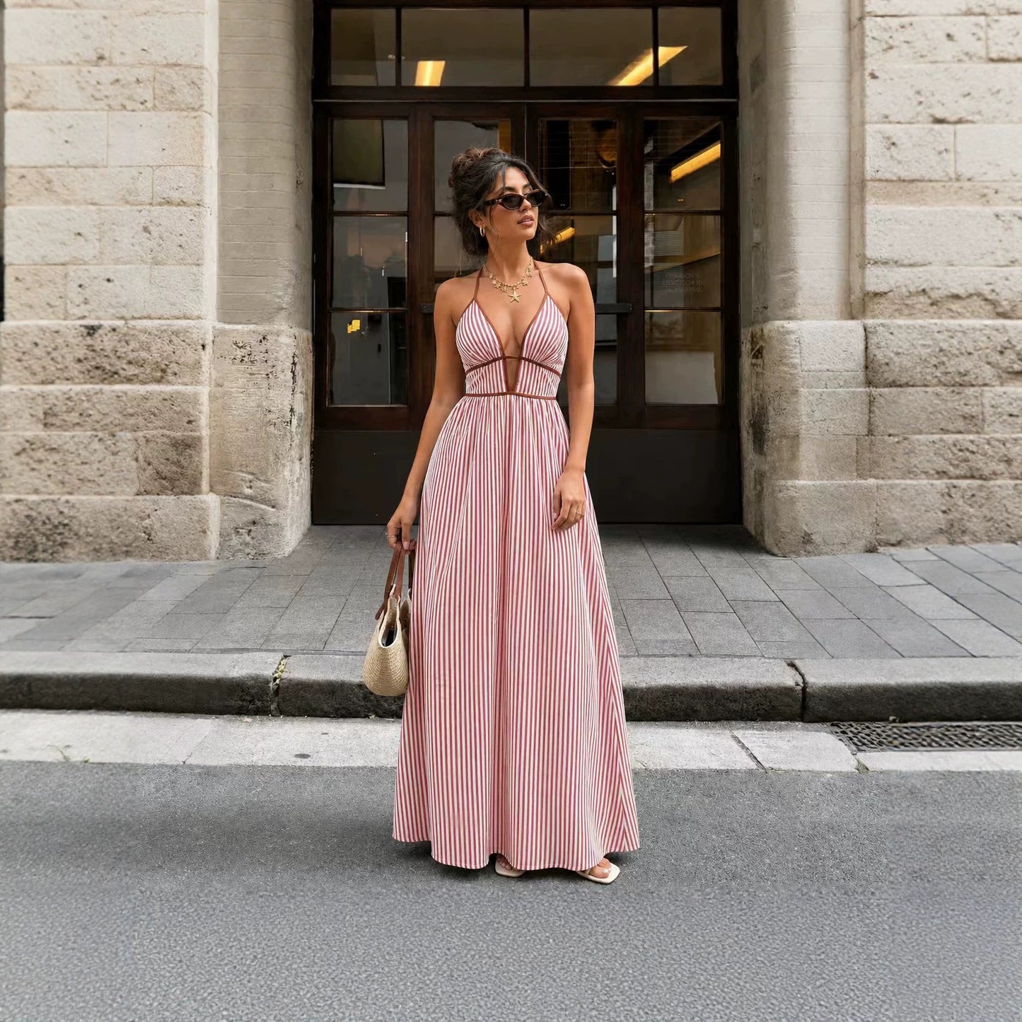 Summer Deep Striped Holiday Backless Sleeveless Dress