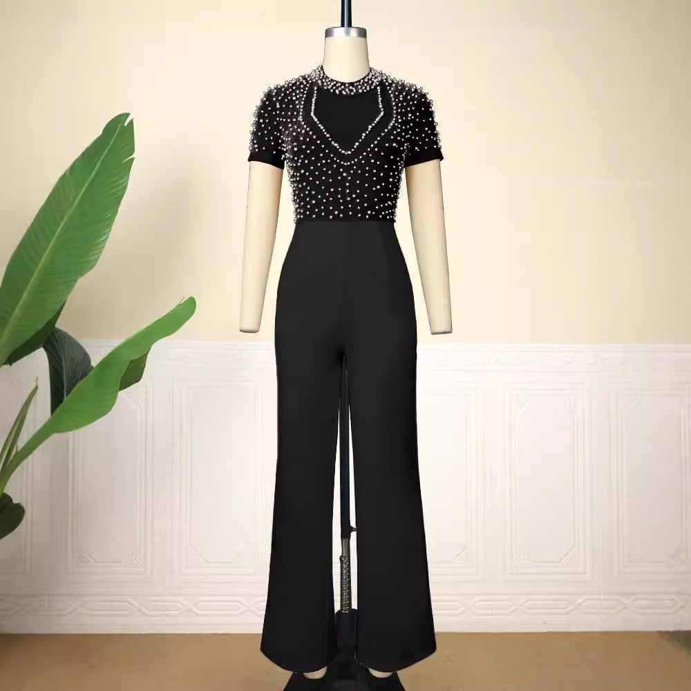 Round Neck Sleeve Beaded Casual Style High Jumpsuits