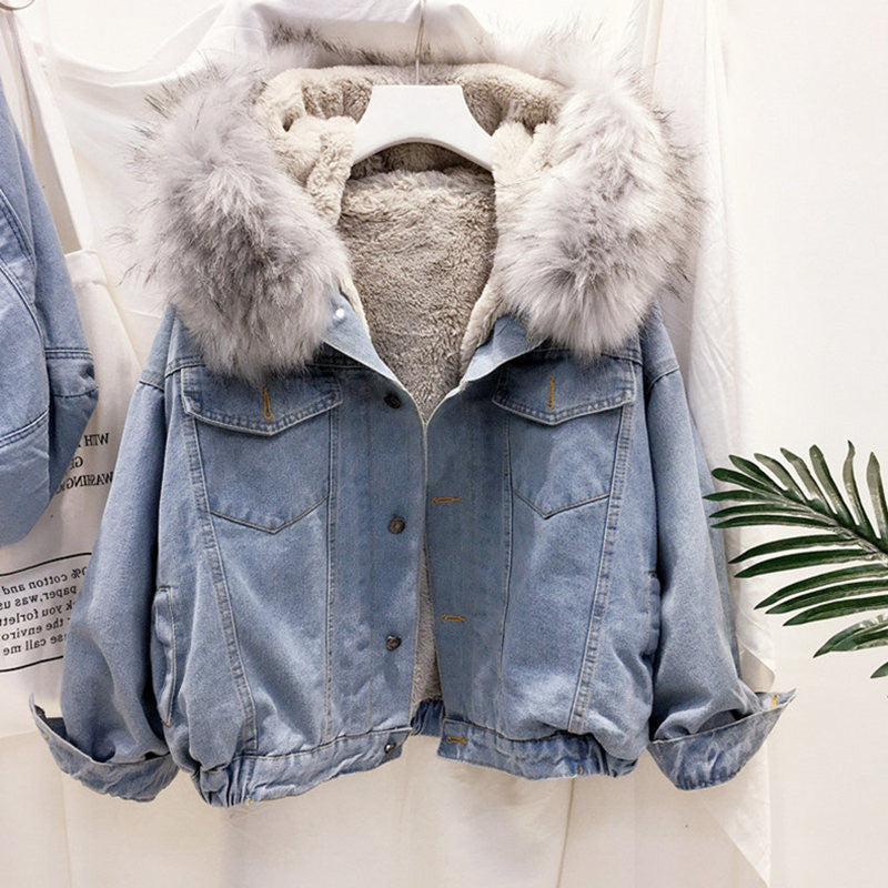 Women's Denim For Winter Hooded Thickened Fleece Coats