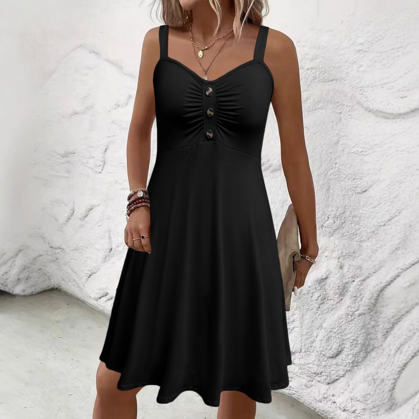 Knee-length Soft Loose Strap With Pockets Dress