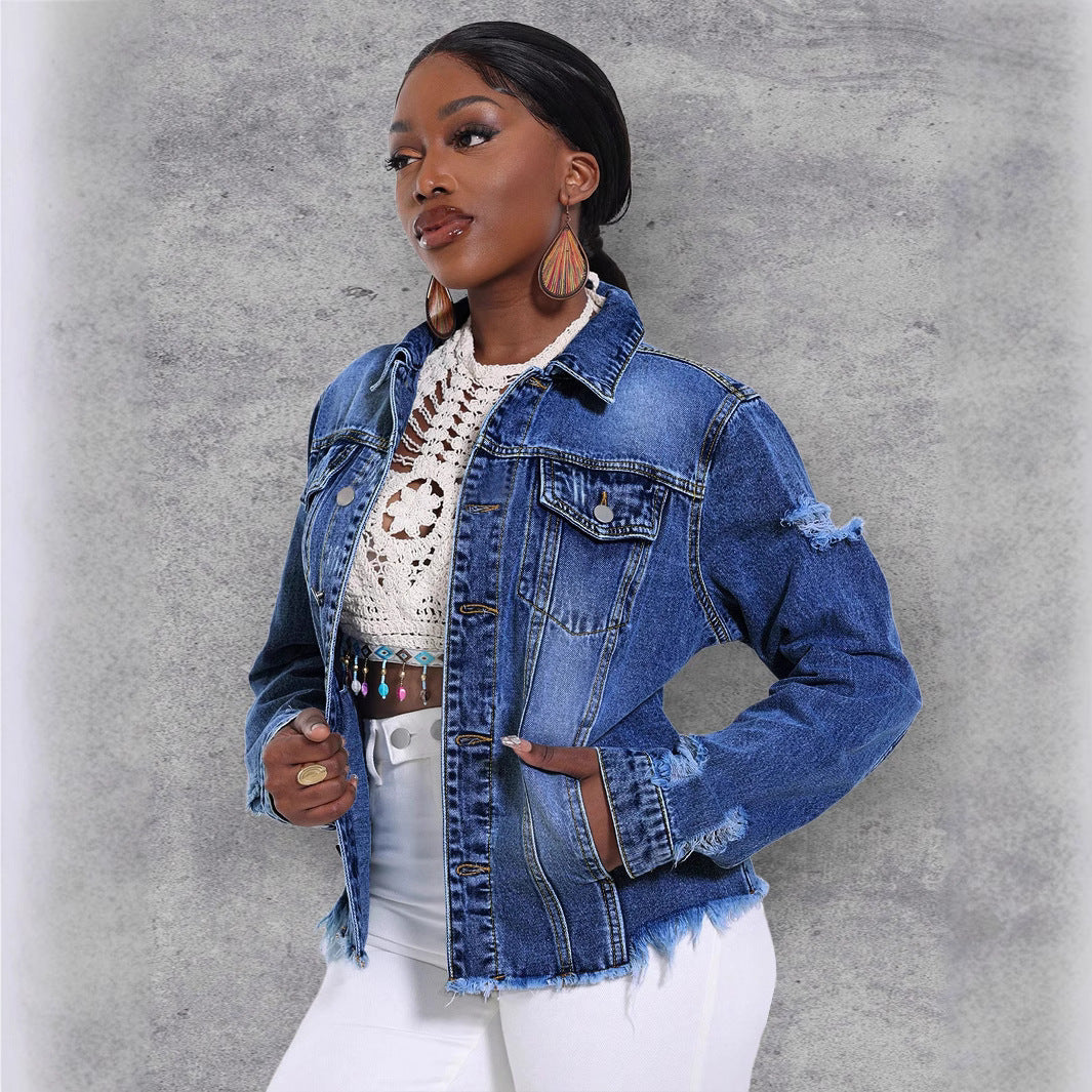 Women's Denim With Fashion Ripped Fur Edge Jackets