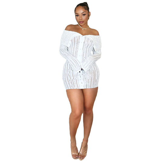 Women's Lapel Tight Wave Pattern Long Sleeve Dresses