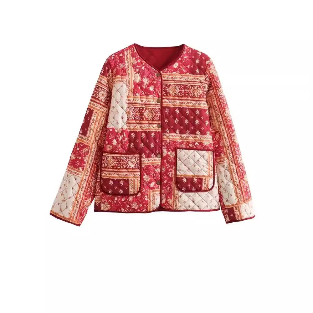 Women's Color Matching Printing Cotton Fashion Loose Jackets