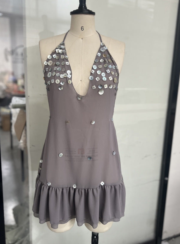 Women's Summer Sexy Halter Backless Sequins Lotus Dresses