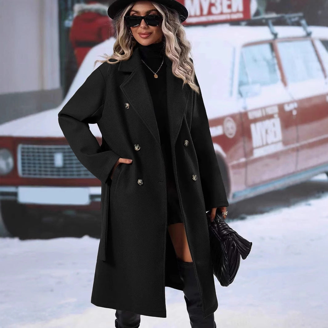 Polo Collar Thick Woolen Lace Up Coats