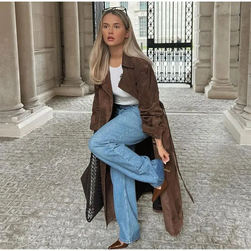 Women's Khaki Double-breasted Lapel Artificial Leather Fur Jackets