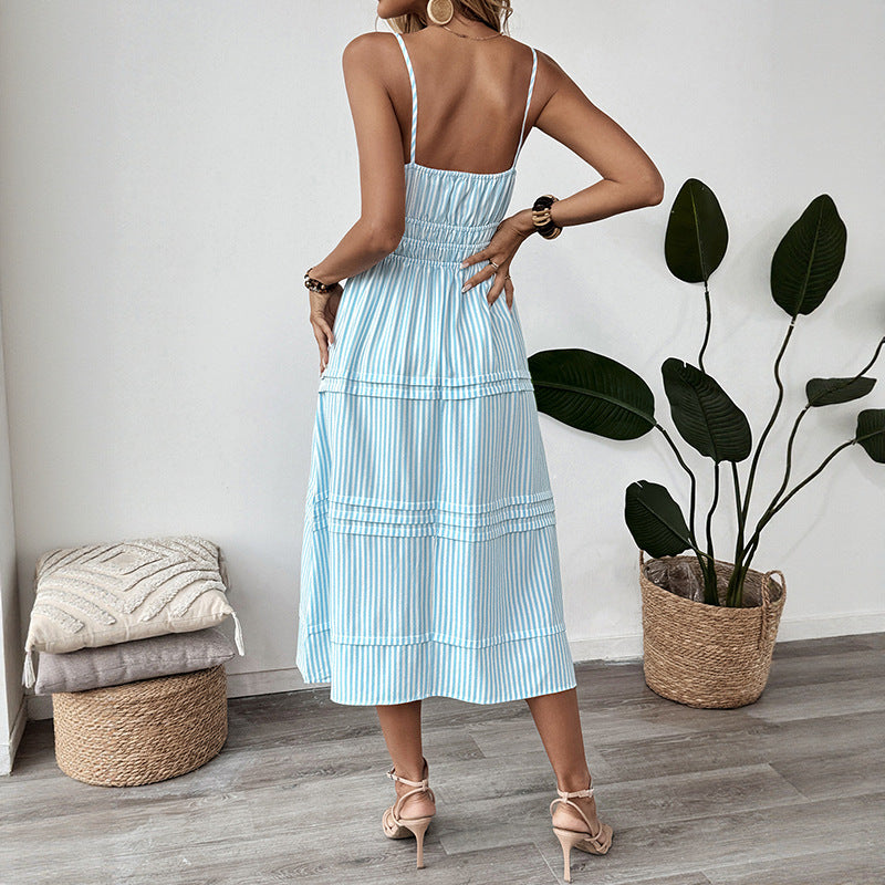 Vacation Style Striped Spaghetti Straps Dress Square Dresses
