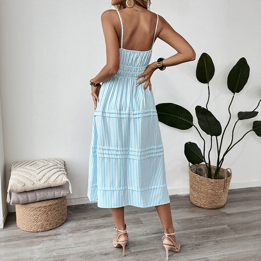 Vacation Style Striped Spaghetti Straps Dress Square Dresses
