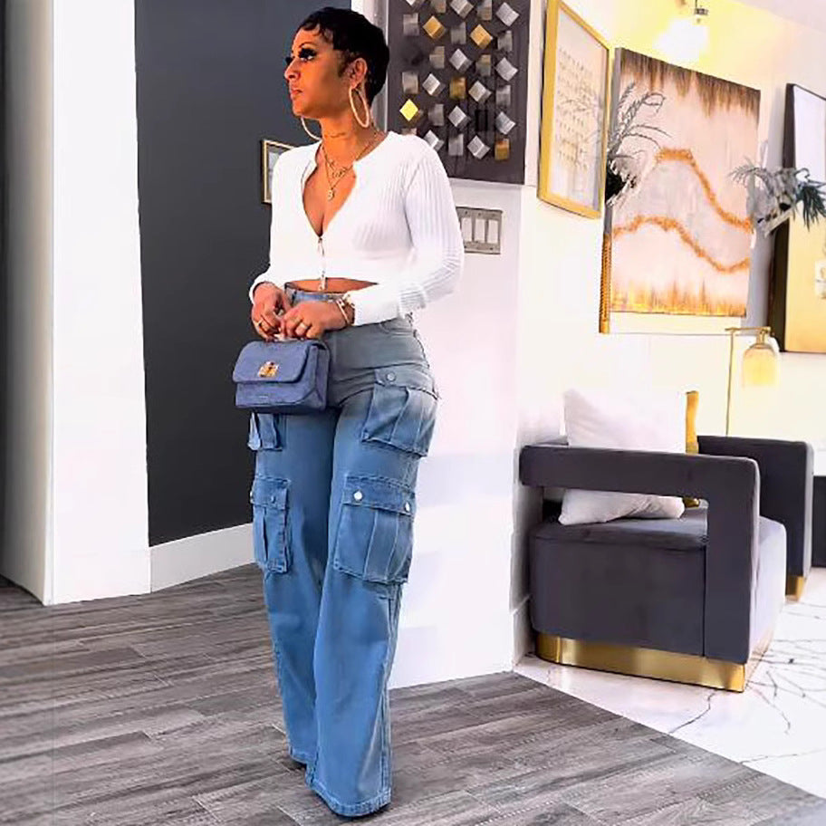 Women's Fashion High Waist Gradient Color Wide Jeans