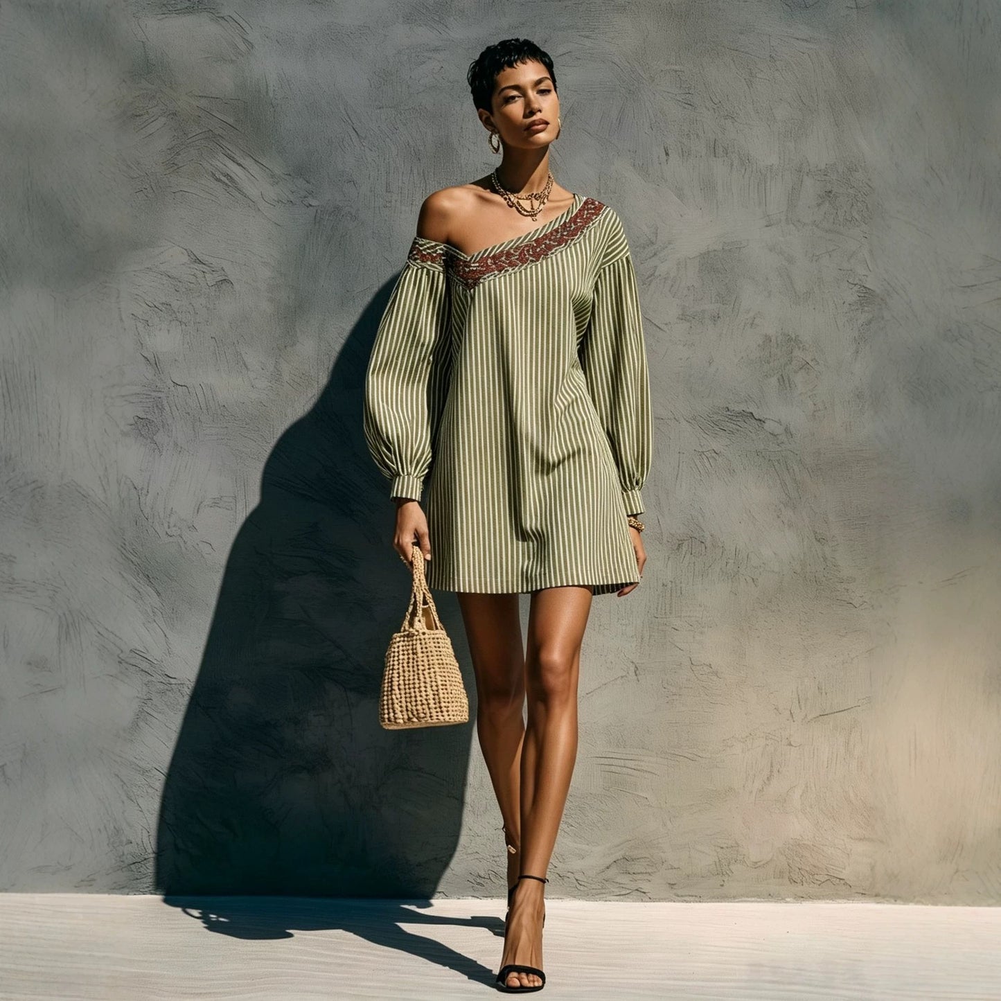 Women's Striped Long Sleeve Embroidered Minimalist Mini Dress