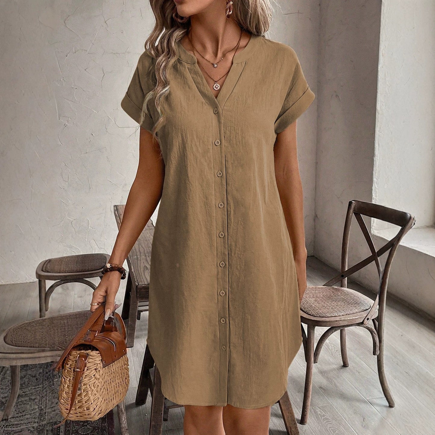 Women's Solid Color Short-sleeved Single-breasted Casual Seaside Dress