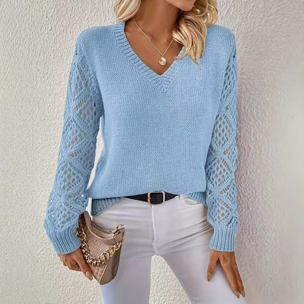 Women's Long Sleeve Hollow Out Pullover Crocheted Jacquard Loose-fitting Base Sweaters