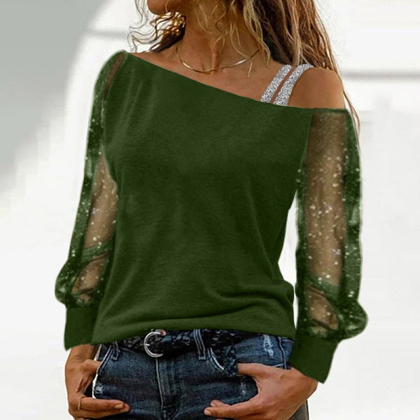 Diagonal Collar Gauzy Long Sleeve T-shirt Fashion Blouses
