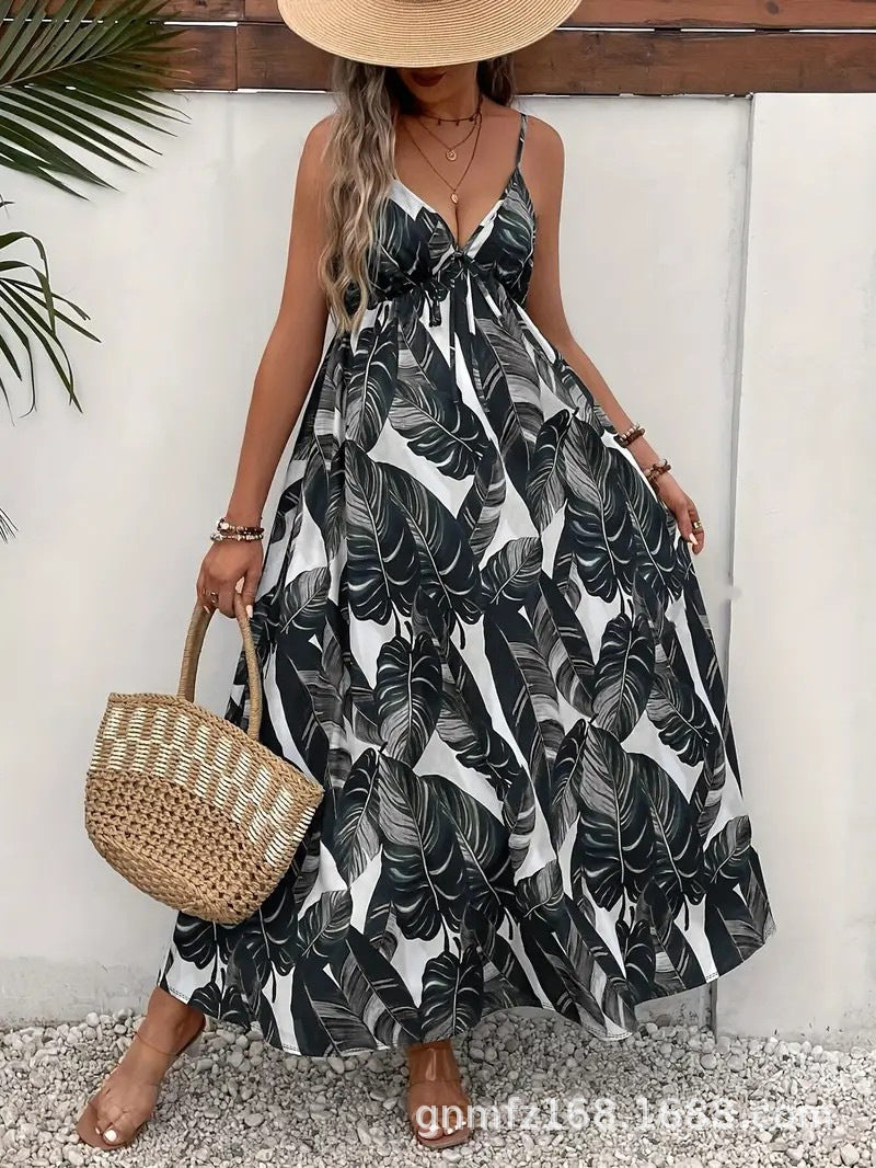 Summer Printed Spaghetti Straps Sleeveless Tropical Printing Dress