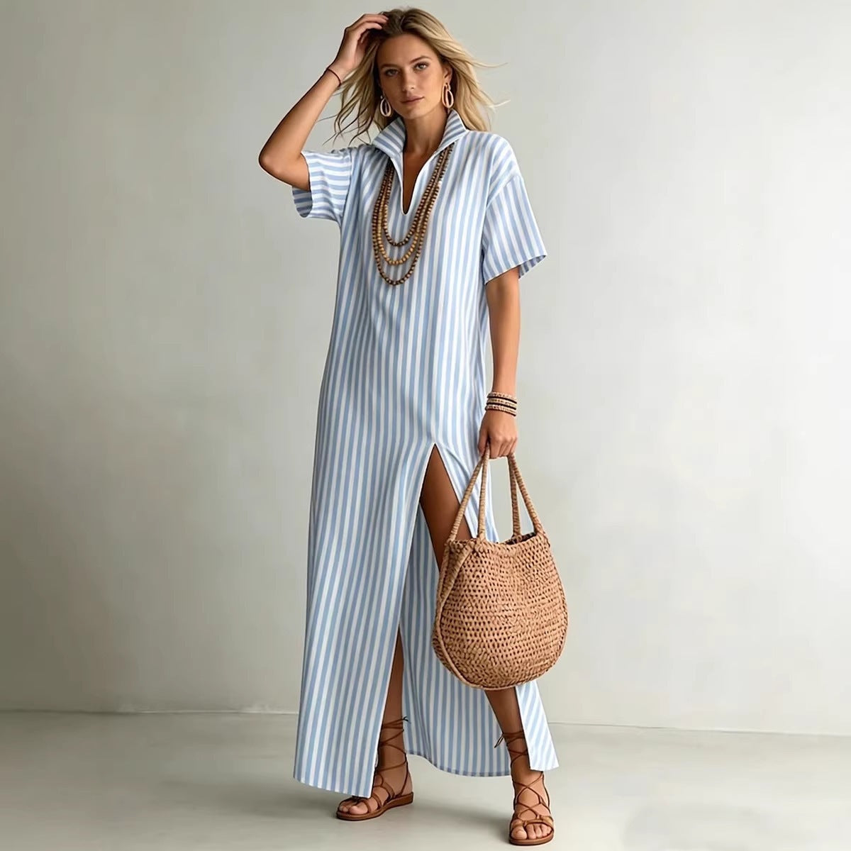 Women's Summer Sleeve Striped Slit For Dress