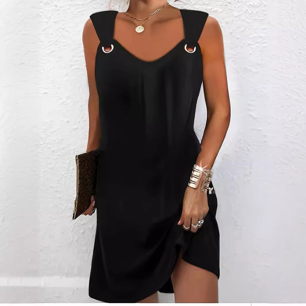 Elegant Simple Solid Color Metal Buckle Buttons Dress