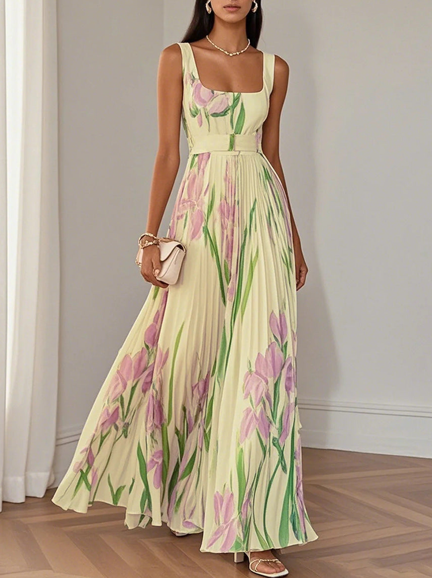 Women's Sling Digital Printing Pleated Floral Maxi Dresses