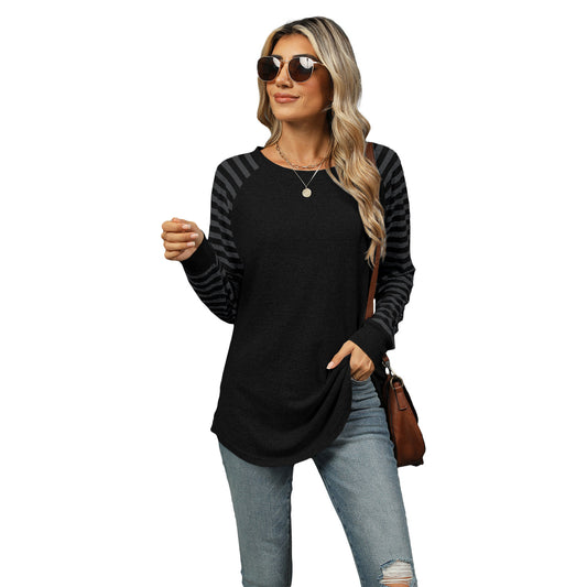 Women's Color Striped Patchwork Round Neck Long-sleeved T-shirt Blouses