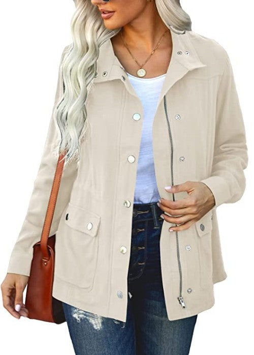 Women's Fashion Polo Collar Solid Color Pocket Fastener Jackets