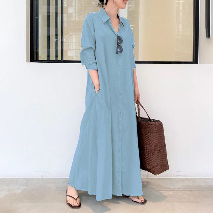 Solid Color Lapel Long Sleeve Pocket Simple Loose Dress