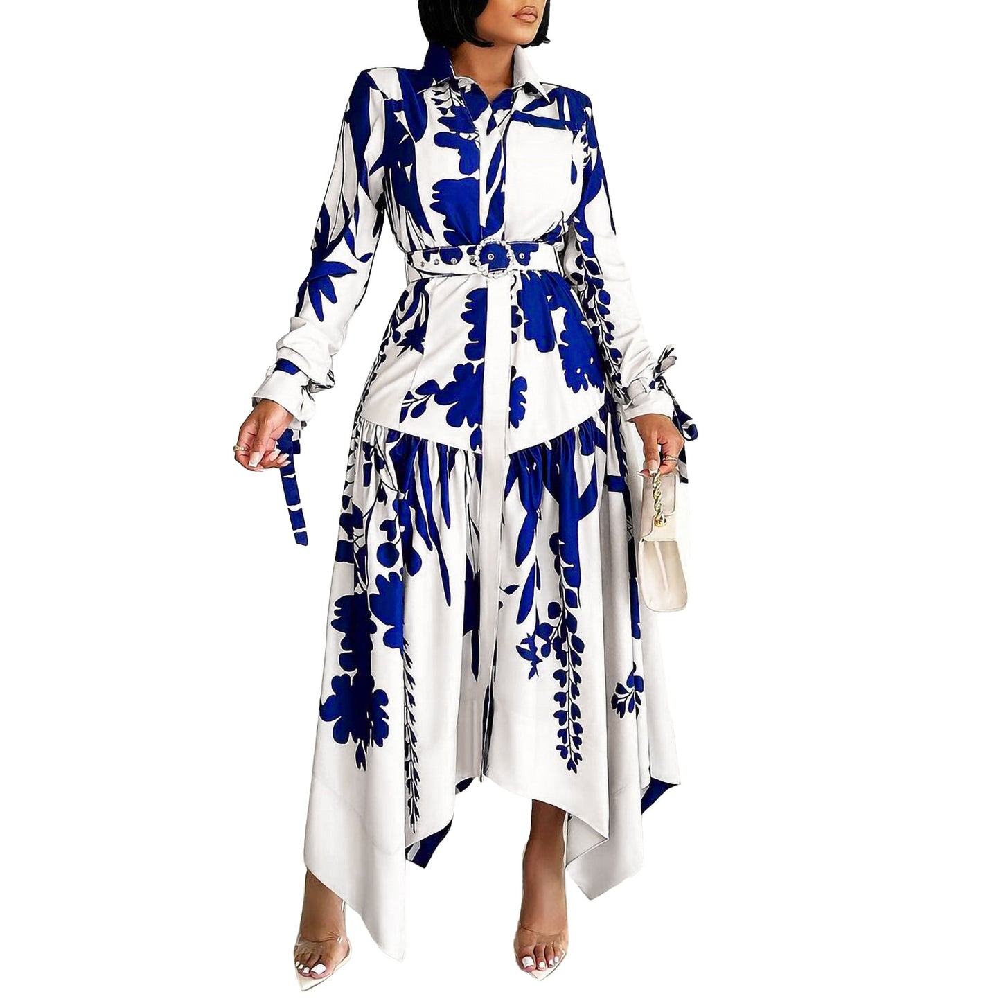 Women's Temperament Printed Irregular Lapel Dress Dresses