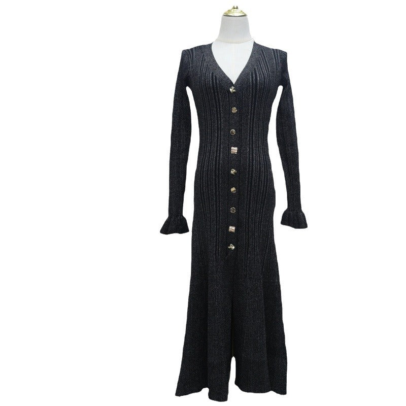 French Entry Lux Thin Glittering Line Long Sleeve Slimming Dresses