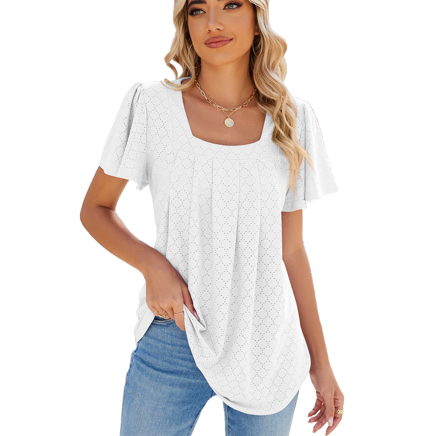 Women's Solid Color Square Collar Pleated Sleeves Blouses
